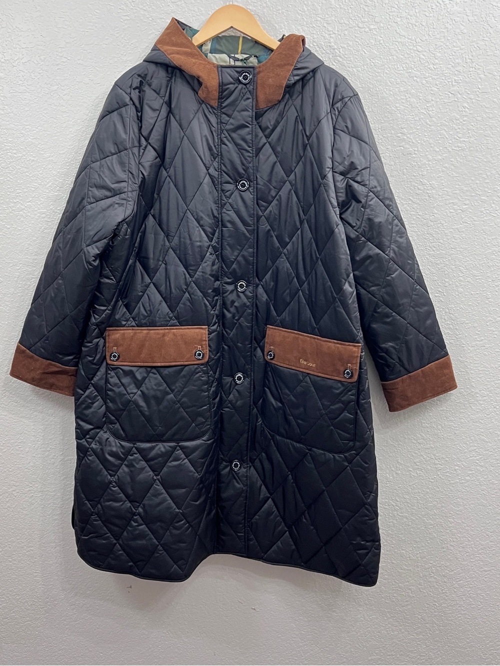 Barbour Black Quilted Coat with Brown Suede Trim and Hood size 3X